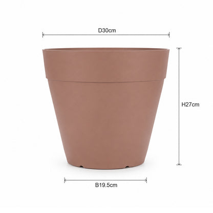 A terracotta-colored plastic planter pot with dimension markings showing a diameter of 30cm, height of 27cm, and base width of 19.5cm on a white background.