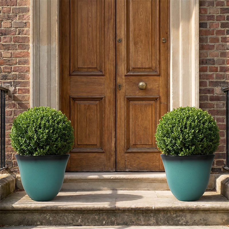 Solum Vitae 2PCS 13 Lux Bright Decorative 0utdoor Planter Pots Boxwood Ball Full Set Display for Entryway Welcome, Peacock Green Premium Indoor Outdoor Planters for Gardening