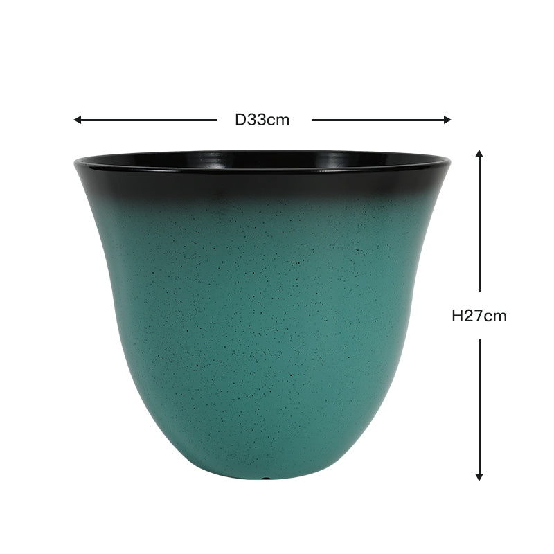 A teal-green speckled planter pot with a black rim, shown with dimension arrows indicating a diameter of 33cm and a height of 27cm on a white background.
