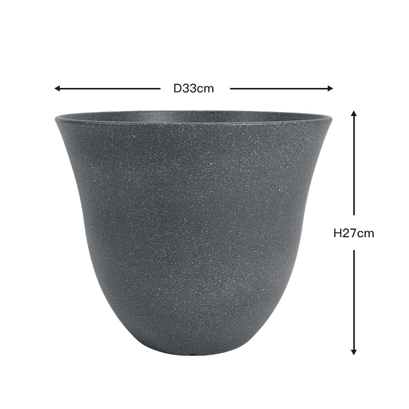A dark gray textured planter pot with dimension arrows indicating a diameter of 33cm and a height of 27cm on a white background.