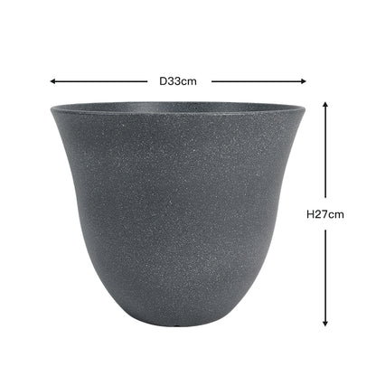 A dark gray textured planter pot with dimension arrows indicating a diameter of 33cm and a height of 27cm on a white background.