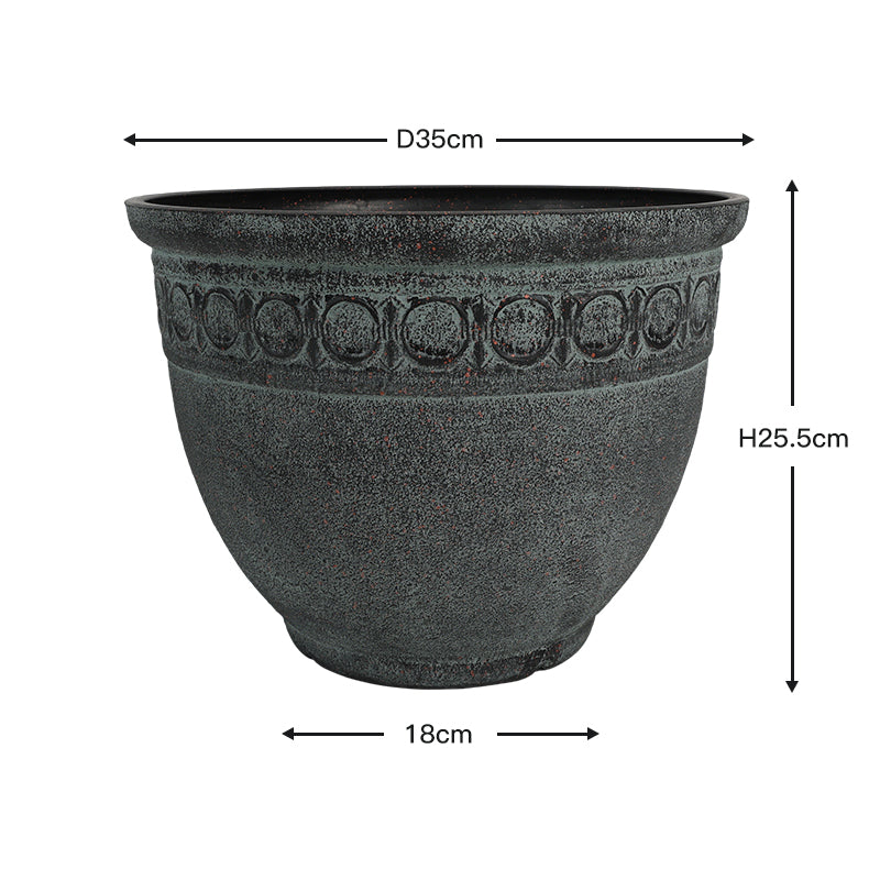 A dark textured planter pot with dimension annotations showing a diameter of 35cm, height of 25.5cm, and base width of 18cm on a white background.