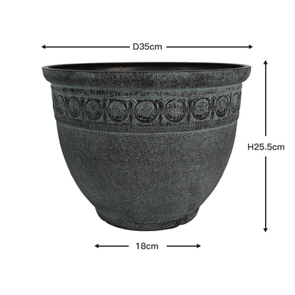 A dark textured planter pot with dimension annotations showing a diameter of 35cm, height of 25.5cm, and base width of 18cm on a white background.