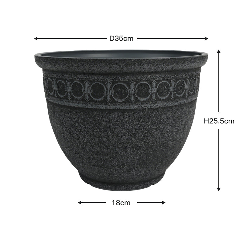 A black textured planter pot with a decorative band of raised circular motifs around the upper middle, shown with dimension arrows and labels indicating a diameter of 35 cm, height of 25.5 cm, and base width of 18 cm.