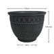 A black textured planter pot with a decorative band of raised circular motifs around the upper middle, shown with dimension arrows and labels indicating a diameter of 35 cm, height of 25.5 cm, and base width of 18 cm.