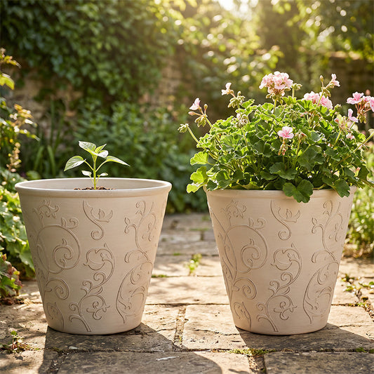 Solum Vitae 2PCS 15 Fon Arabesque Decorative Big Planters Geranium Growth Shots Comparison for Backyard Garden, Premium Indoor Outdoor Planters for Gardening