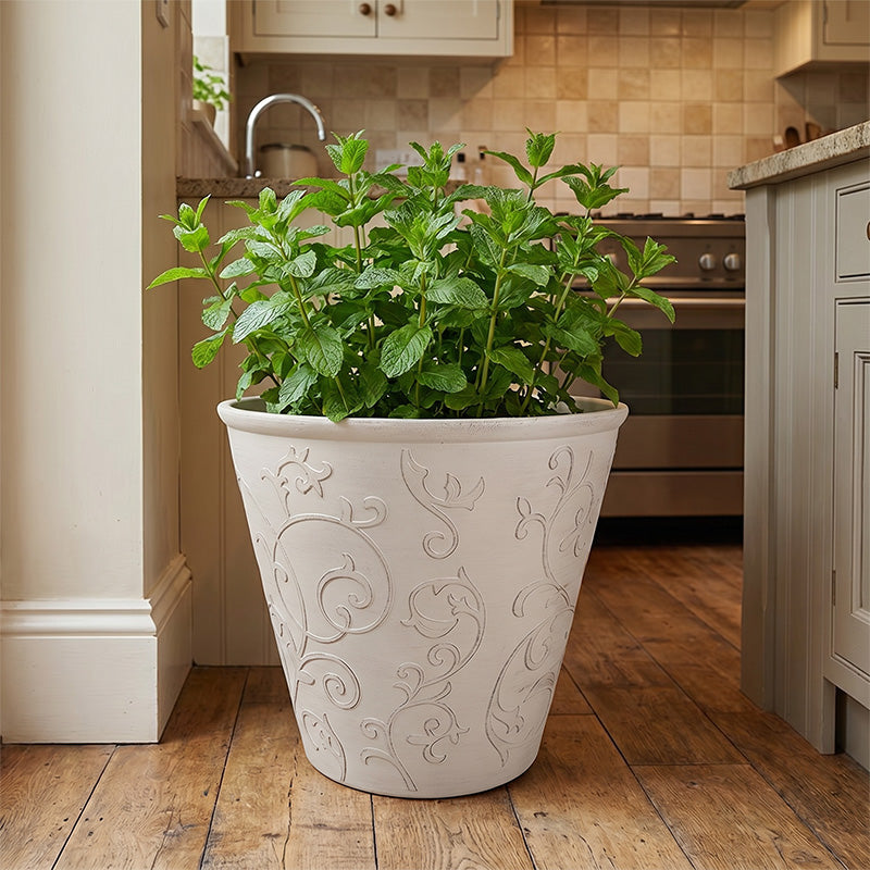 Solum Vitae 2PCS 15 Fon Arabesque Decorative Big Planters Mint Front View for Kitchen Herb Garden, Premium Indoor Outdoor Planters for Gardening