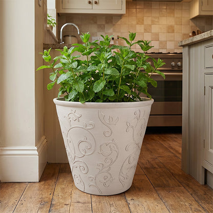 Solum Vitae 2PCS 15 Fon Arabesque Decorative Big Planters Mint Front View for Kitchen Herb Garden, Premium Indoor Outdoor Planters for Gardening