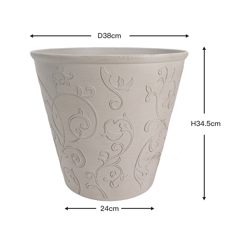 A light beige textured planter pot with embossed floral scrollwork, shown with dimension lines indicating a diameter of 38cm at the top, 24cm at the base, and a height of 34.5cm.