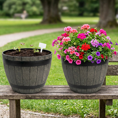 Solum Vitae 2PCS 15 Fon Barrel Decorative Outdoor Pot Geranium & Petunia Mix Growth Shots Comparison for Outdoor Bench, Premium Indoor Outdoor Planters for Gardening