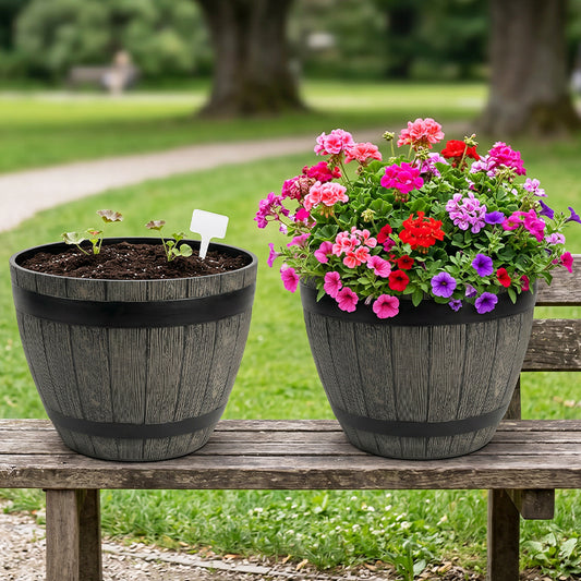Solum Vitae 2PCS 15 Fon Barrel Decorative Outdoor Pot Geranium & Petunia Mix Growth Shots Comparison for Outdoor Bench, Premium Indoor Outdoor Planters for Gardening