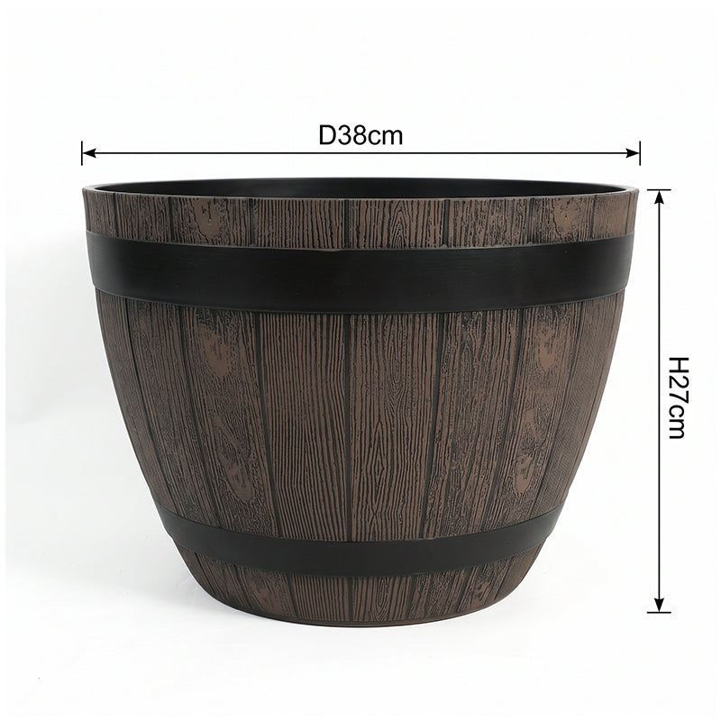 A dark brown faux-wood barrel planter with black metal bands, shown on a white background with dimension lines indicating a diameter of 38cm and a height of 27cm.