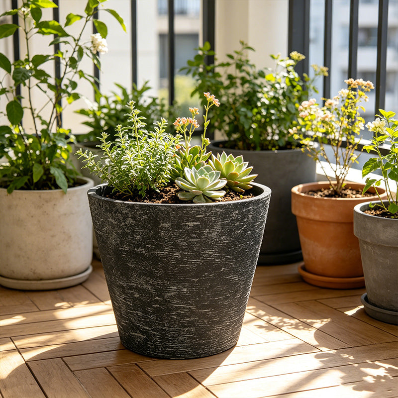 Solum Vitae 2PCS 15 Fon Stone Pattern Decorative Outdoor Pots and Planters Balcony Succulent‑herb Mixed Front View for Balcony, Premium Indoor Outdoor Planters for Gardening