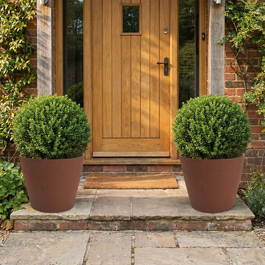 Solum Vitae 2PCS 15 Fon Stone Pattern Decorative Outdoor Pots and Planters Boxwood Ball Full Set Display for Entryway Welcome, Rustic Brown Premium Indoor Outdoor Planters for Gardening
