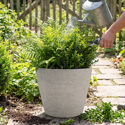 Solum Vitae 2PCS 15 Fon Stone Pattern Decorative Outdoor Pots and Planters Boxwood & Fern Mixed Side Profile for Backyard Garden, Premium Indoor Outdoor Planters for Gardening