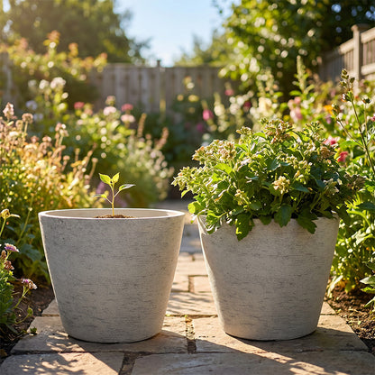 Solum Vitae 2PCS 15 Fon Stone Pattern Decorative Outdoor Pots and Planters Dahlia Growth Shots Comparison for Garden Sanctuary, Premium Indoor Outdoor Planters for Gardening
