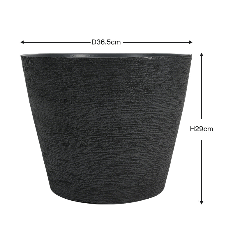 A black textured planter pot with dimension lines indicating a width of 36.5 cm and a height of 29 cm, shown on a plain white background.