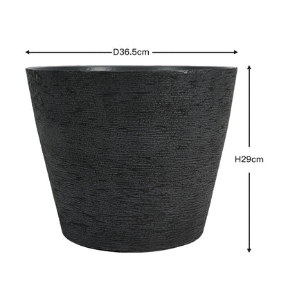 A black textured planter pot with dimension lines indicating a width of 36.5 cm and a height of 29 cm, shown on a plain white background.
