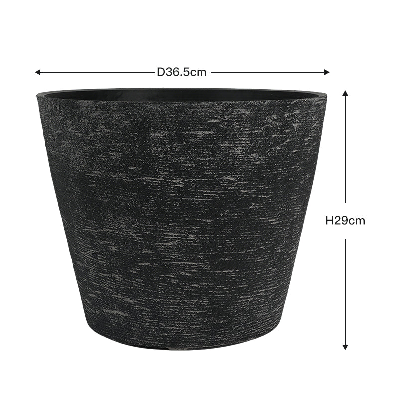 A black textured planter pot with dimension lines indicating a diameter of 36.5 cm and a height of 29 cm, shown on a plain white background.
