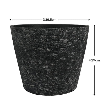 A black textured planter pot with dimension lines indicating a diameter of 36.5 cm and a height of 29 cm, shown on a plain white background.