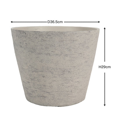 A tapered concrete-style planter pot with a textured light gray finish, shown with dimension lines indicating a diameter of 36.5 cm and a height of 29 cm.