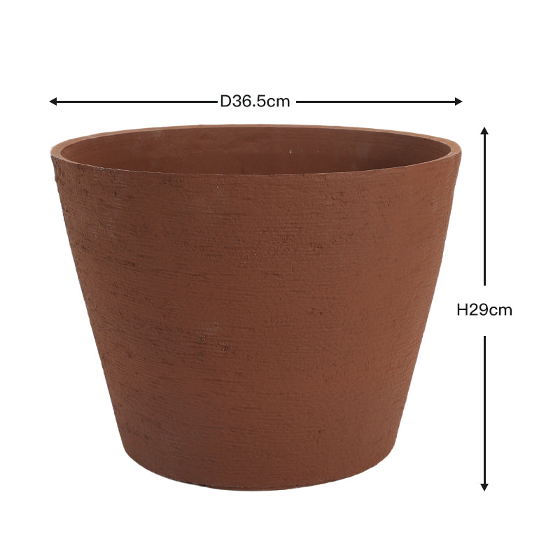 A terracotta-colored tapered planter pot with dimension lines indicating a diameter of 36.5 cm and a height of 29 cm on a white background.