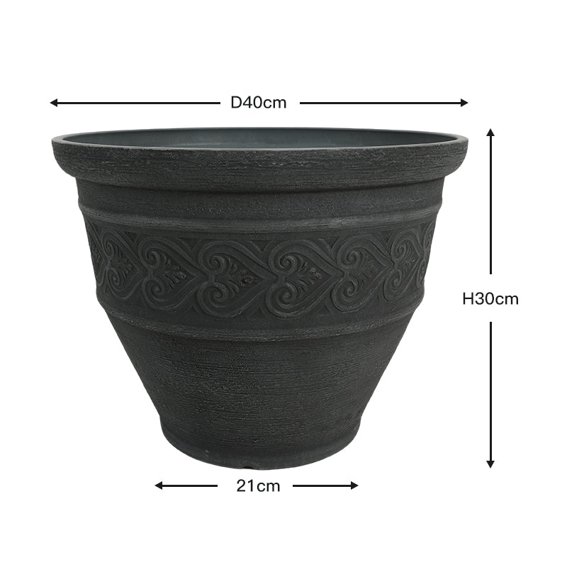A dark charcoal gray textured planter pot with embossed decorative swirls, shown with dimension lines and labels indicating a diameter of 40cm, height of 30cm, and base width of 21cm.