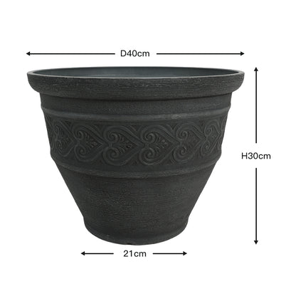 A dark charcoal gray textured planter pot with embossed decorative swirls, shown with dimension lines and labels indicating a diameter of 40cm, height of 30cm, and base width of 21cm.