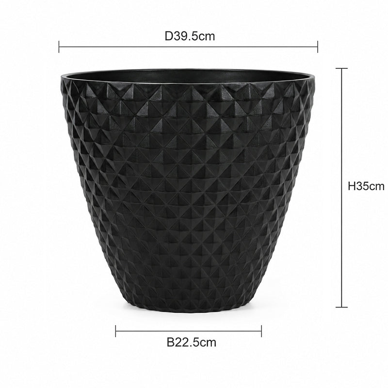 Black textured planter pot with dimension markings showing a diameter of 39.5 cm, height of 35 cm, and base width of 22.