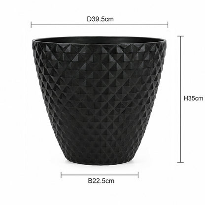 Black textured planter pot with dimension markings showing a diameter of 39.5 cm, height of 35 cm, and base width of 22.