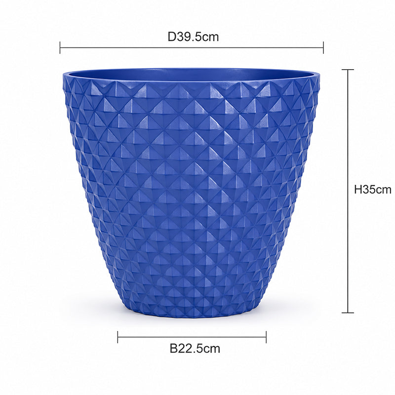 A blue textured planter pot with a geometric diamond pattern, shown with dimension lines indicating a diameter of 39.5 cm, height of 35 cm, and base width of 22.