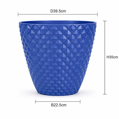 A blue textured planter pot with a geometric diamond pattern, shown with dimension lines indicating a diameter of 39.5 cm, height of 35 cm, and base width of 22.