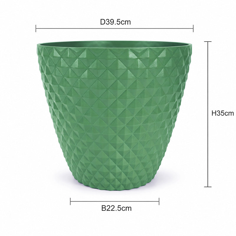 Green textured planter pot with dimension markings showing a diameter of 39.5 cm, height of 35 cm, and base width of 22.