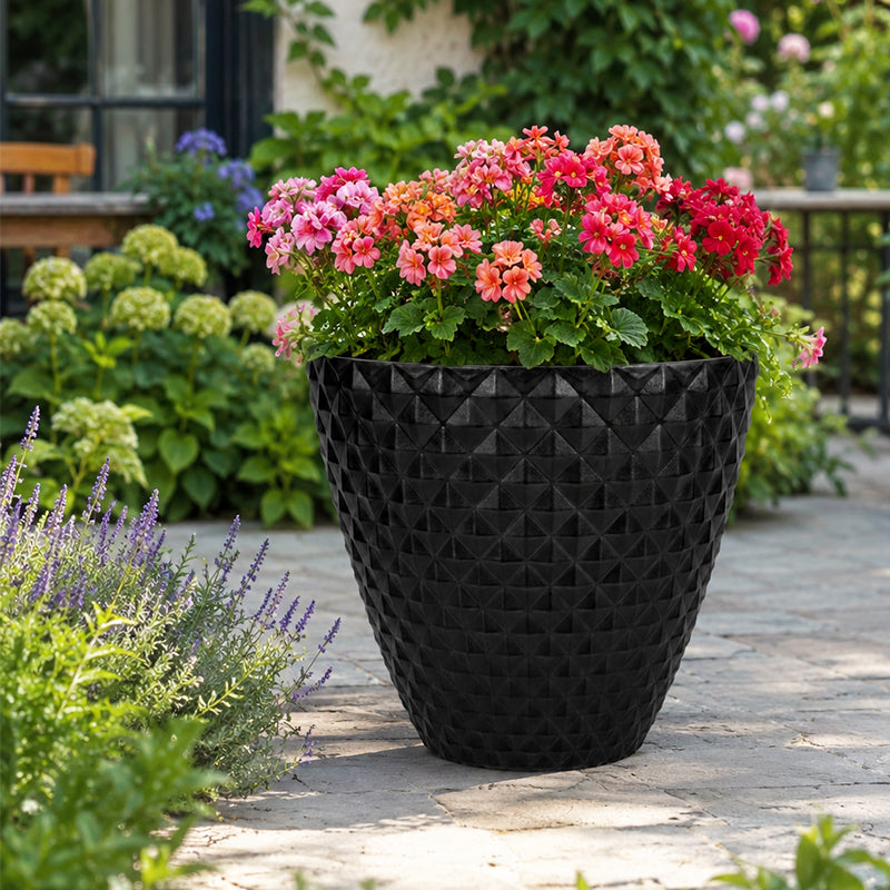 Solum Vitae 2PCS 16 Lux Rhombus Decorative Patio Pots Geranium Side Profile for Backyard Garden, Black Premium Indoor Outdoor Planters for Gardening