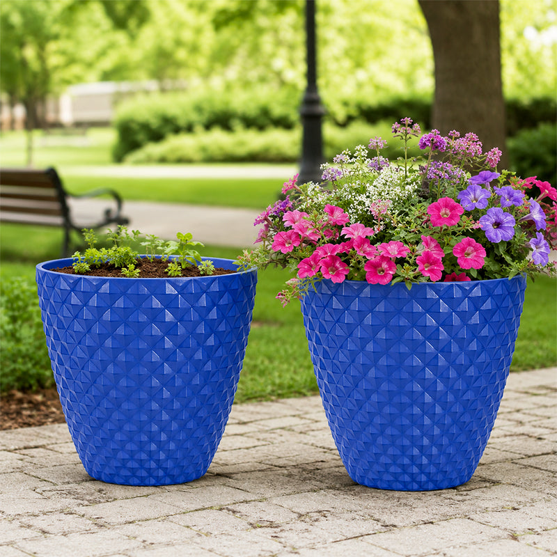 Solum Vitae 2PCS 16 Lux Rhombus Decorative Patio Pots Petunia Growth Shots Comparison for Backyard Garden, Blue Premium Indoor Outdoor Planters for Gardening