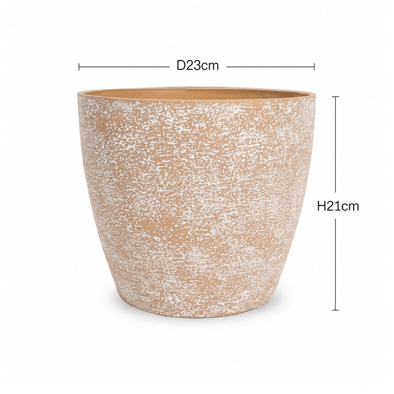 A tapered ceramic planter with a textured, speckled finish in a warm tan and white pattern, shown with dimension lines indicating a diameter of 23cm and a height of 21cm.