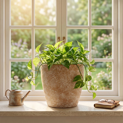Solum Vitae 2PCS 9 Fon Stone Pattern Decorative Garden Vessel Golden Pothos Textural Close-Ups for Windowsill, Creamy White Premium Indoor Outdoor Planters for Gardening