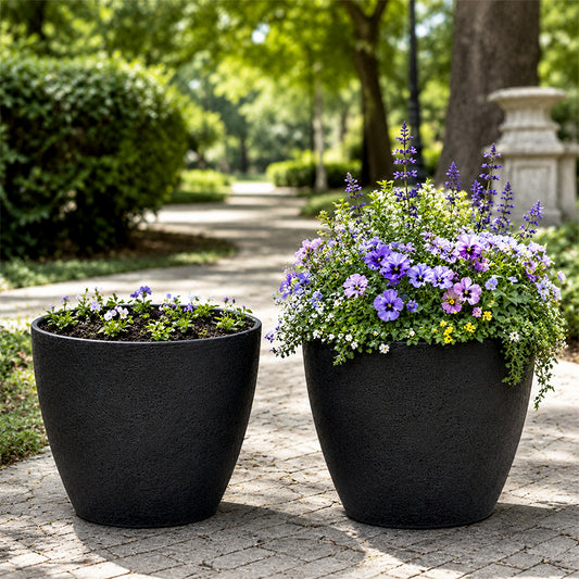 Solum Vitae 2PCS 9 Fon Stone Pattern Decorative Garden Vessel Mixed Container Planting Growth Shots Comparison for Backyard Garden, Grey Premium Indoor Outdoor Planters for Gardening
