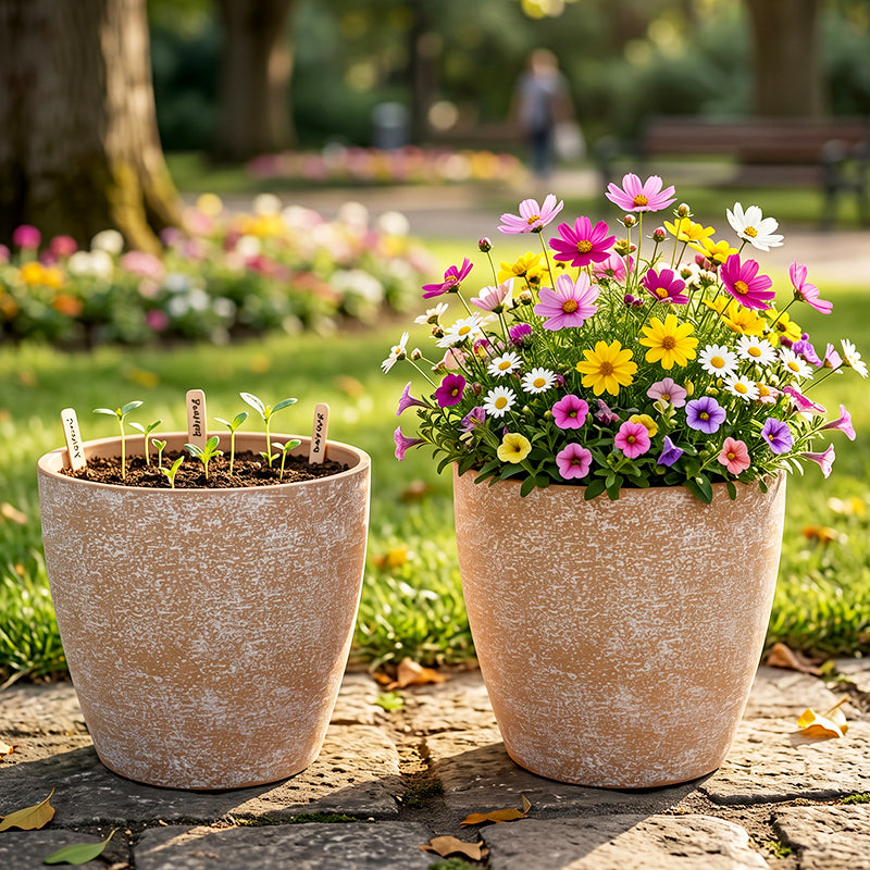 Solum Vitae 2PCS 9 Fon Stone Pattern Decorative Garden Vessel Mixed‑flower Growth Shots Comparison for Backyard Garden, Creamy White Premium Indoor Outdoor Planters for Gardening