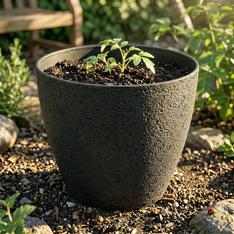 Solum Vitae 2PCS 9 Fon Stone Pattern Decorative Garden Vessel Tomato Seedling Close-up Texture Detail for Backyard Garden, Grey Premium Indoor Outdoor Planters for Gardening