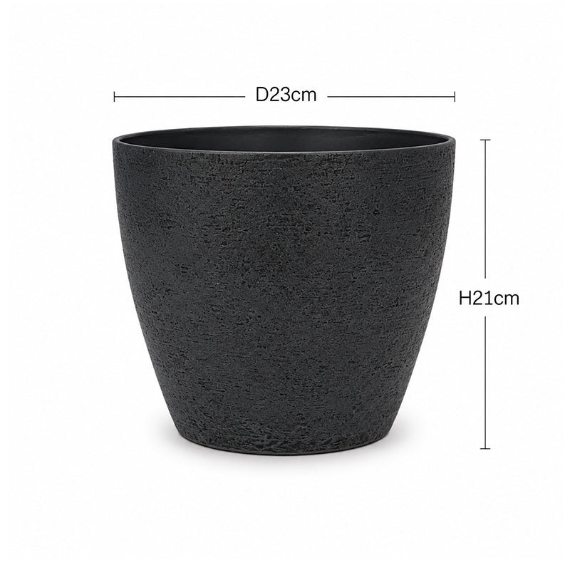 A black textured planter pot with dimension lines indicating a diameter of 23cm and a height of 21cm, shown on a plain white background.