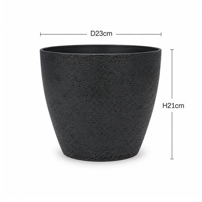 A black textured planter pot with dimension lines indicating a diameter of 23cm and a height of 21cm, shown on a plain white background.