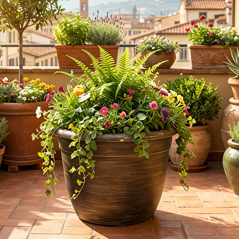 Solum Vitae Fon Classic Round Textured Flower Pots Petunia Front View for Backyard Garden,Premium Plant Pots for Gardening